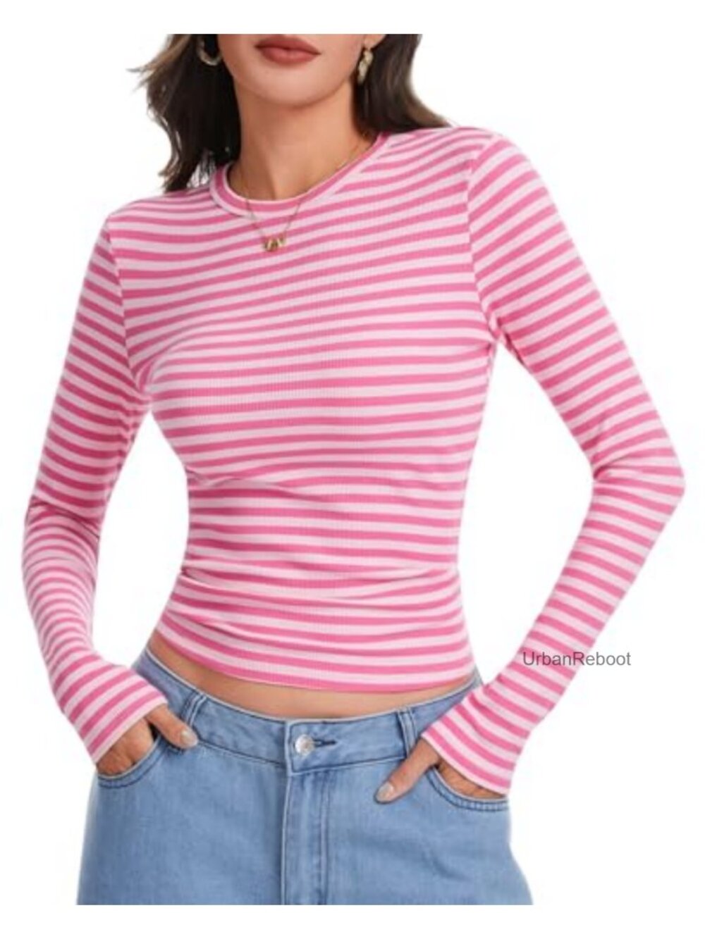 Ribbed Long Sleeve Striped Tee Slim Fit Crew Neck Stretch Top